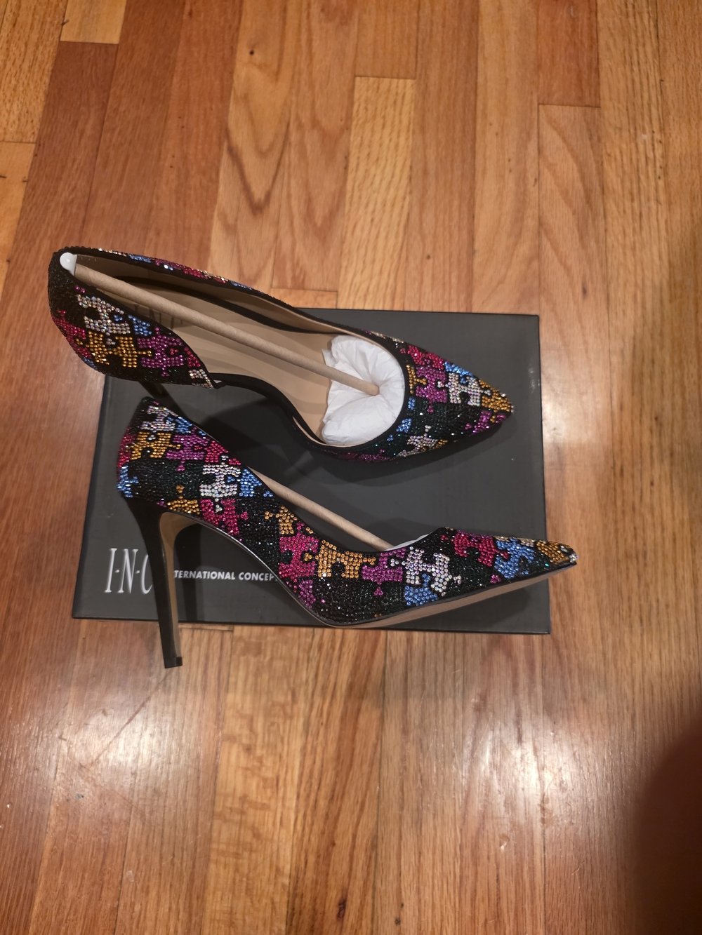 Embellished Black Pointed-Toe Stiletto Pumps - Multicolor Crystal Accents